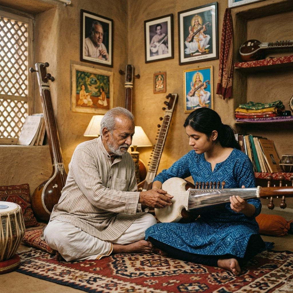Guru guiding a student's plectrum control