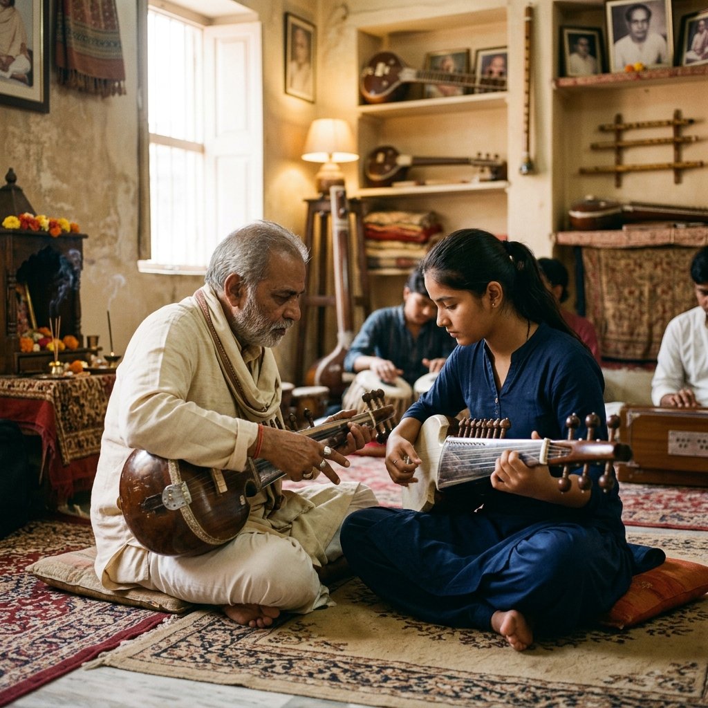 Guru showing hand position on fretless plate