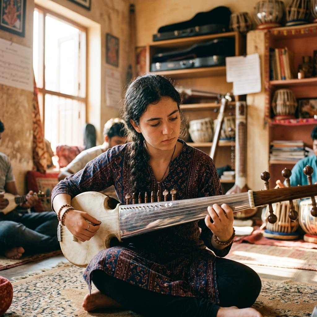Student practicing the Sarod in Varanasi class