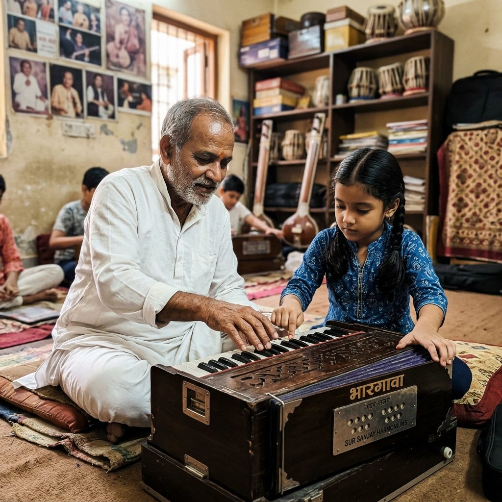 Guru guiding a student's harmonium hand alignment and posture