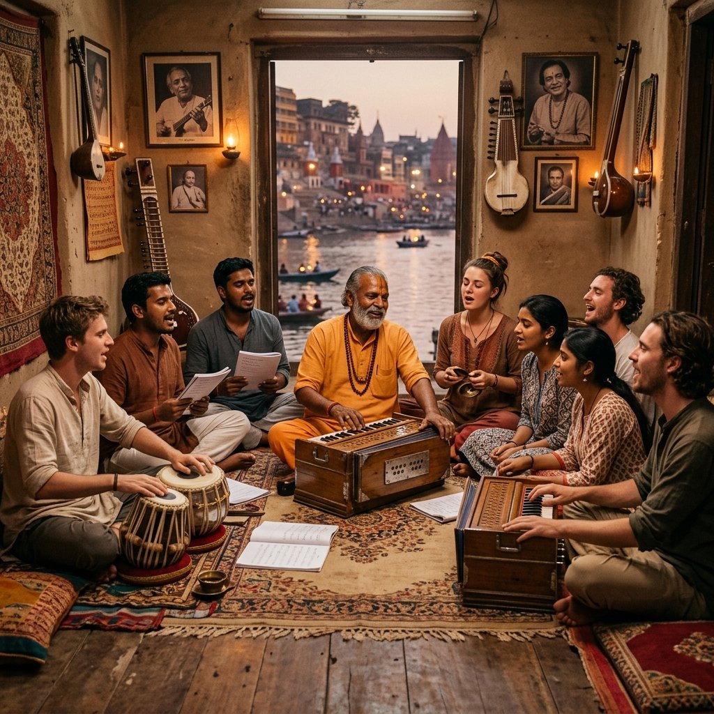 Melodic ensemble leading an interactive harmonium riyaz session