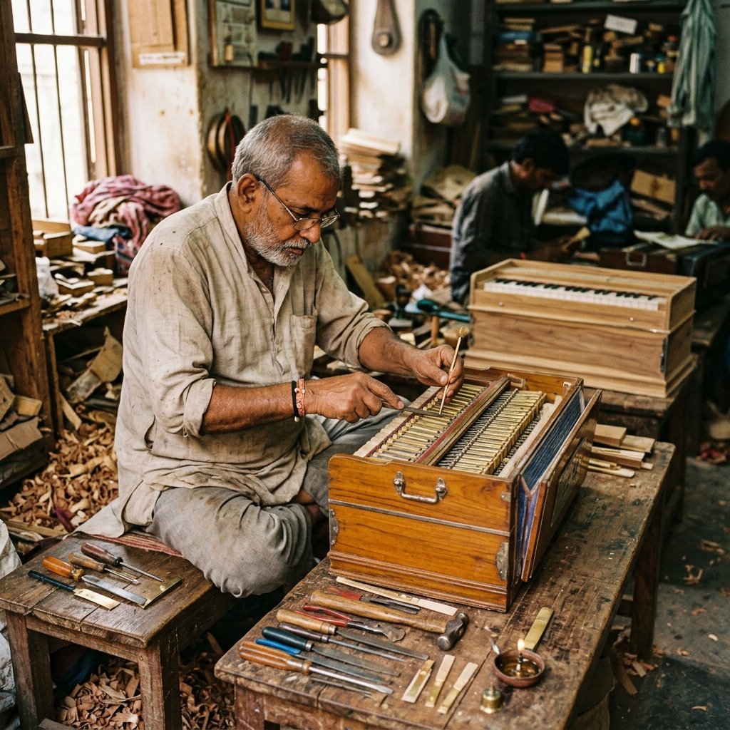 Harmonium brass reed assembly and solid teakwood shell building lesson