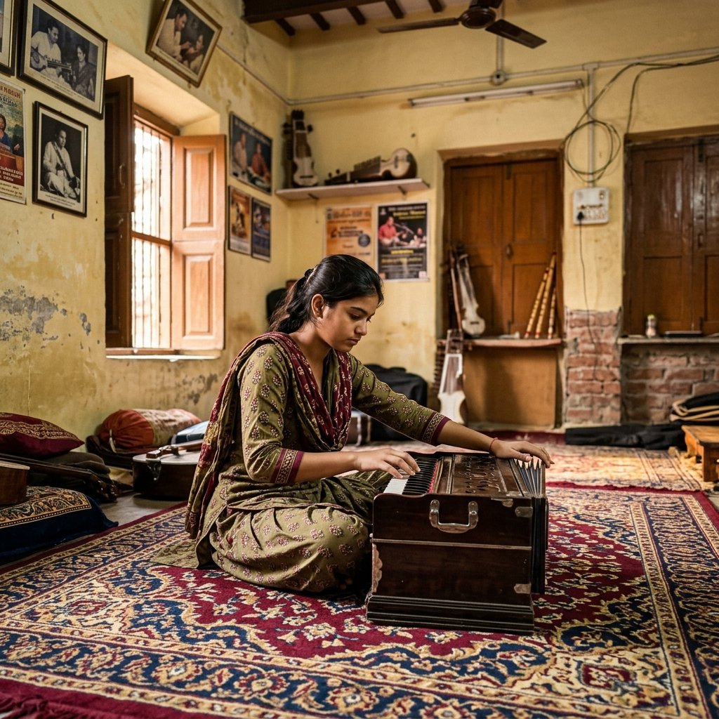 Student practicing the Harmonium in Varanasi classical academy
