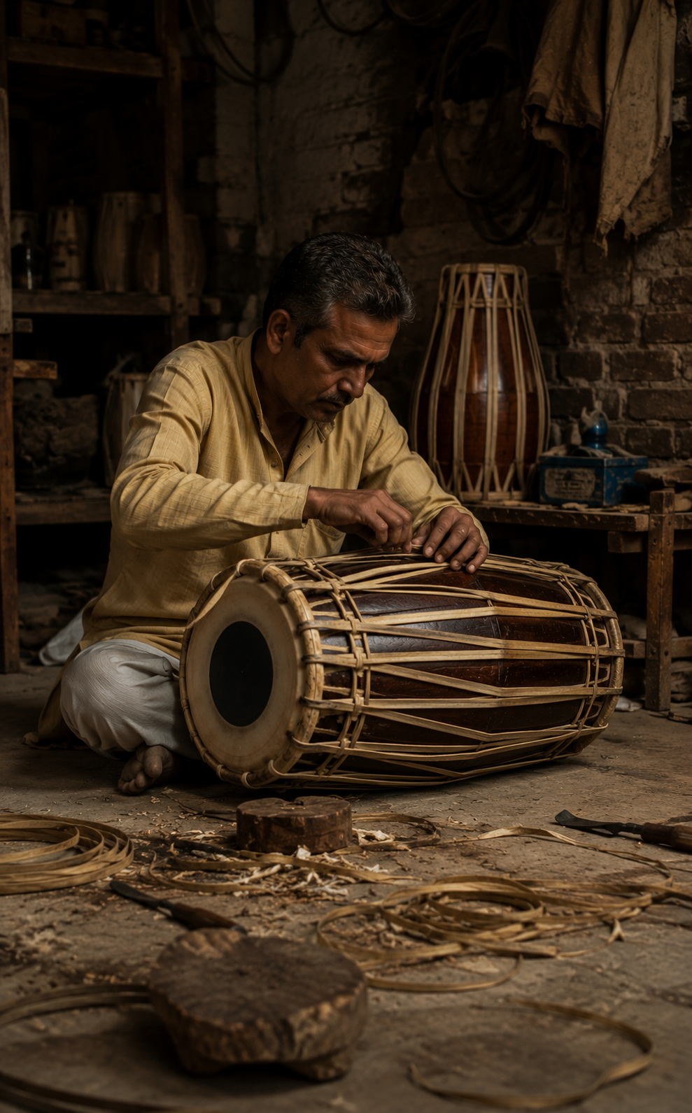Hand-carving Pakhawaj in Varanasi