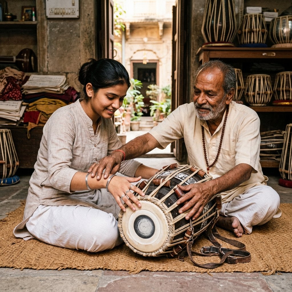 Guru guiding a student's pakhawaj stroke angles and posture