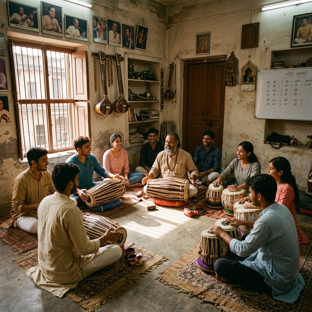 Percussion ensemble leading an interactive pakhawaj riyaz session
