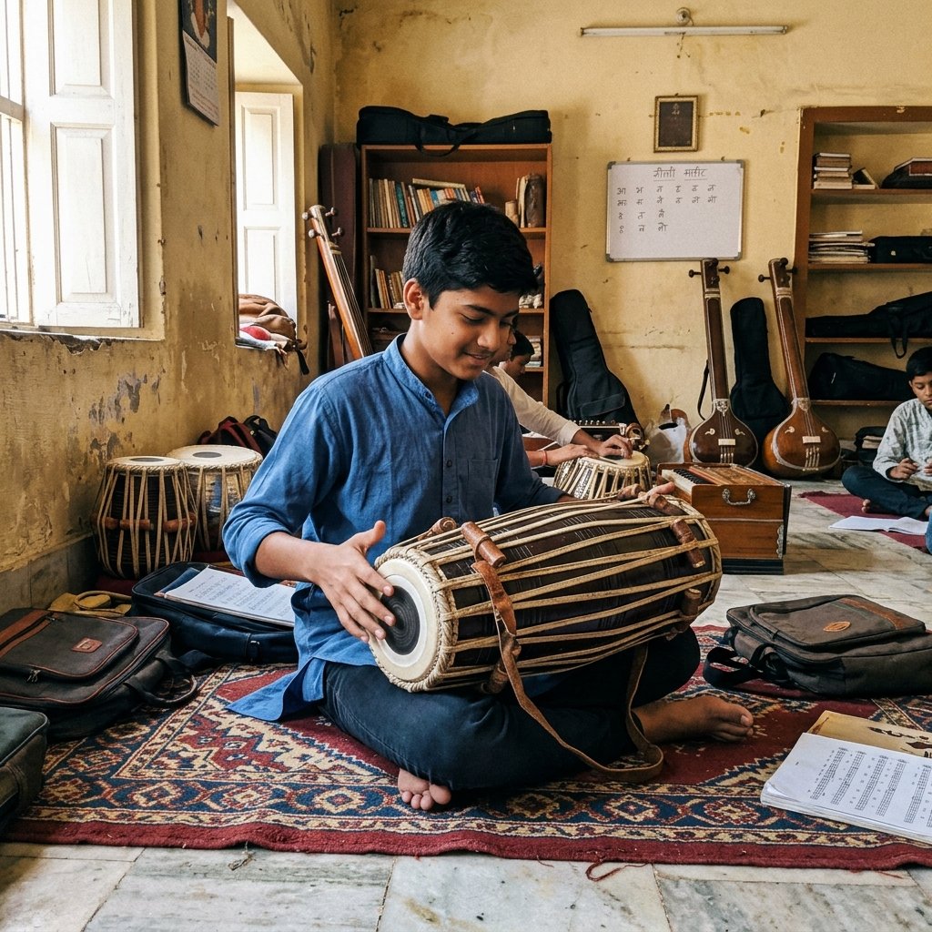 Student practicing the Pakhawaj in Varanasi class