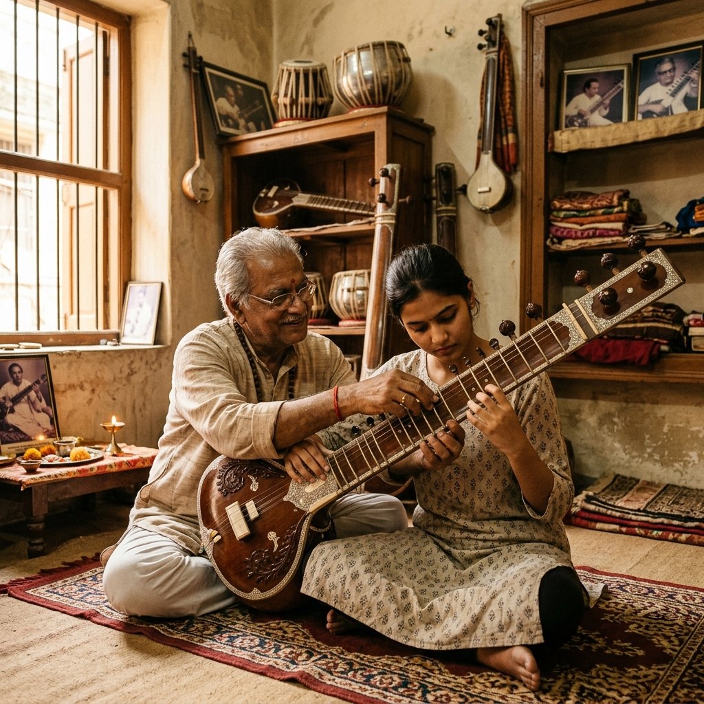 Guru guiding a student's sitar fretwork and posture