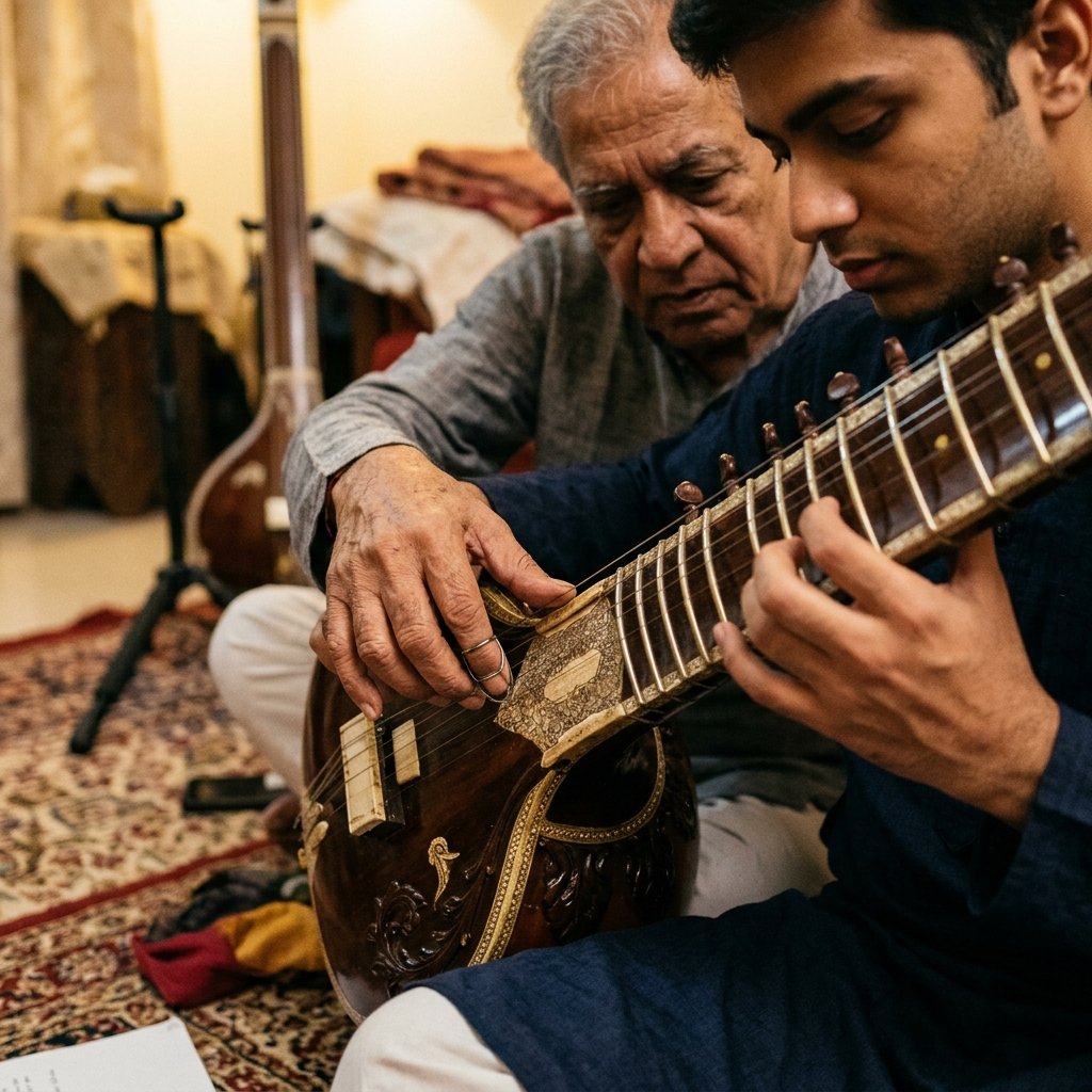 Guru showing correct mizrab plucking technique