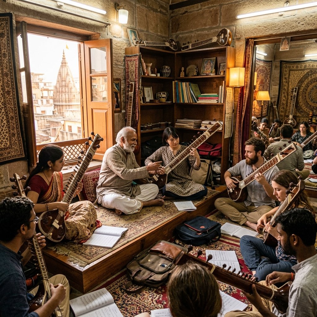 Maestro leading an interactive sitar practice session