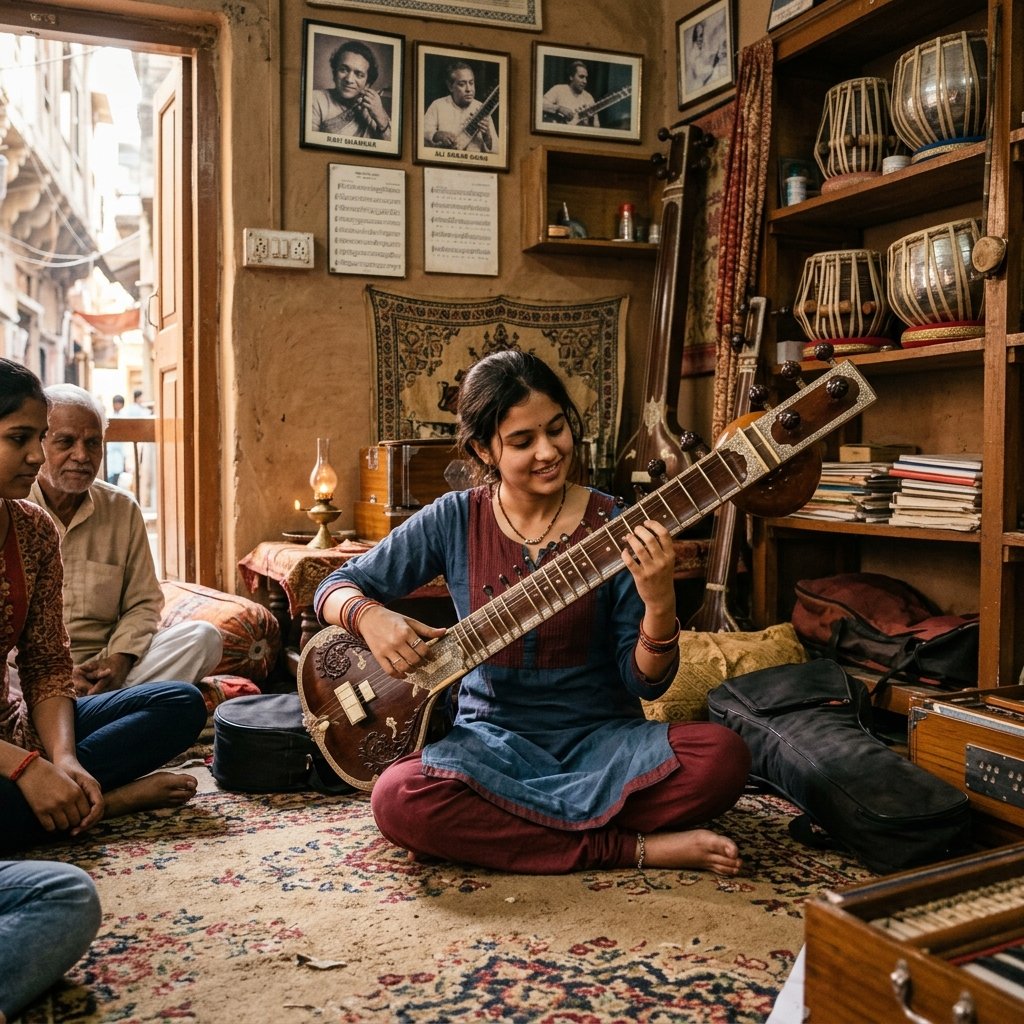 Student practicing the Sitar in Varanasi class